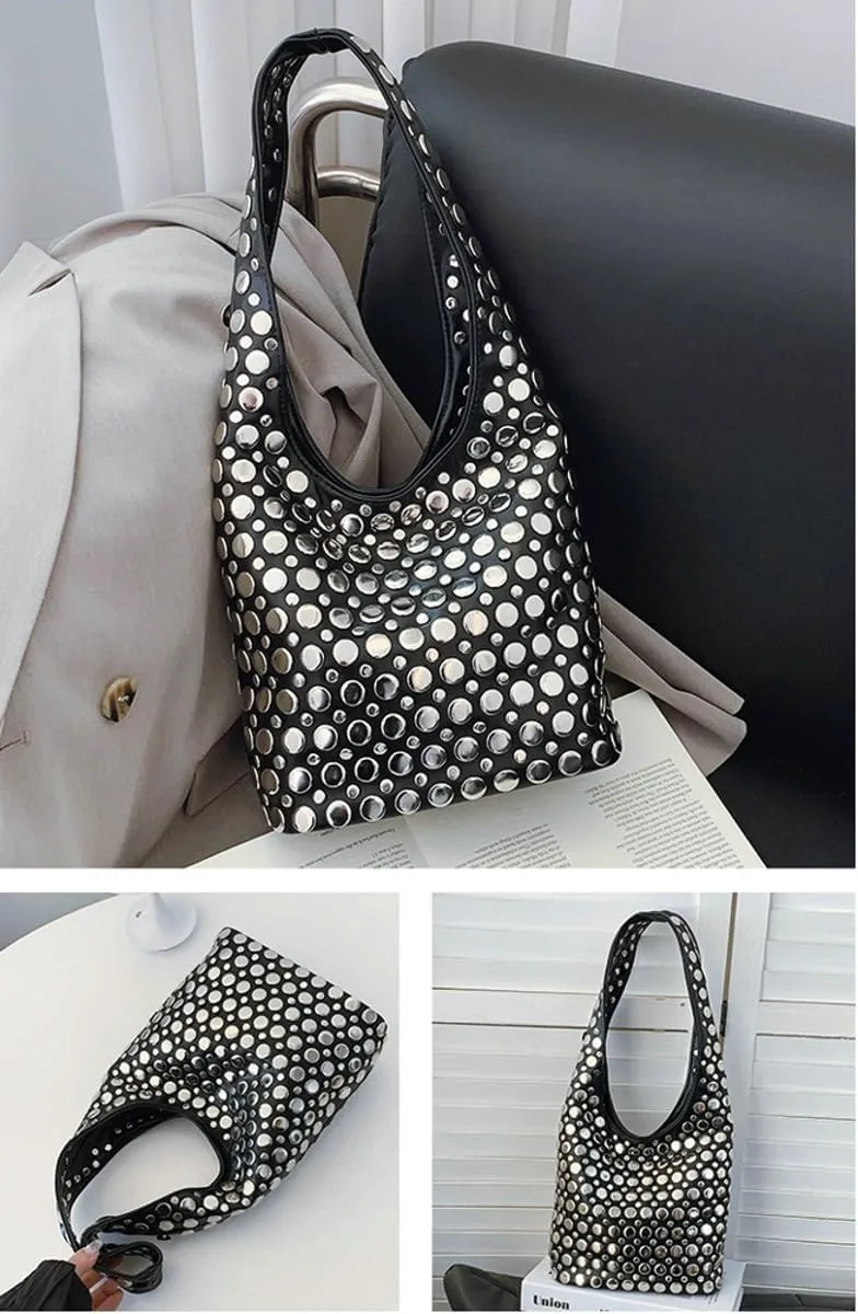 Studded Shoulder Bag Women PU Leather Y2k 90s Punk Tote Bags Streetwear Underarm Purse Top-handle Hobo Shoulder Handbag