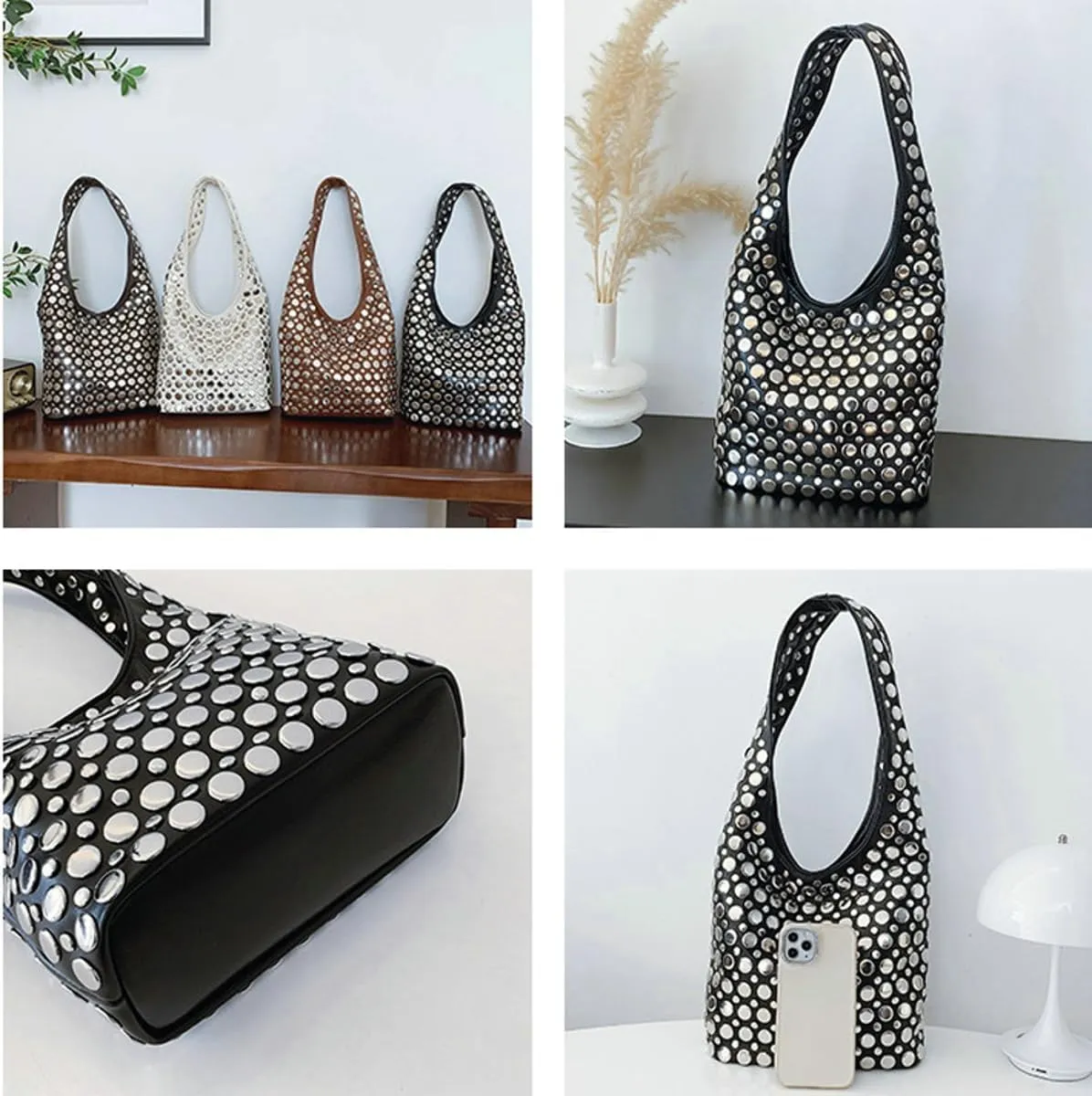 Studded Shoulder Bag Women PU Leather Y2k 90s Punk Tote Bags Streetwear Underarm Purse Top-handle Hobo Shoulder Handbag