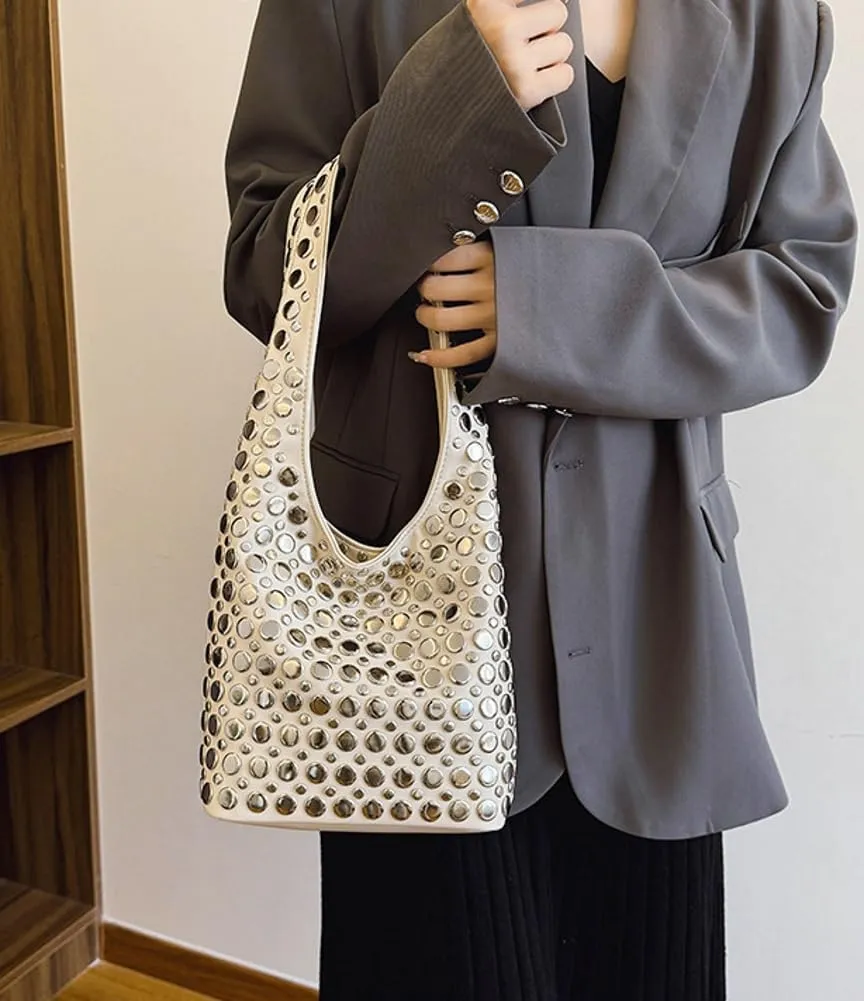 Studded Shoulder Bag Women PU Leather Y2k 90s Punk Tote Bags Streetwear Underarm Purse Top-handle Hobo Shoulder Handbag