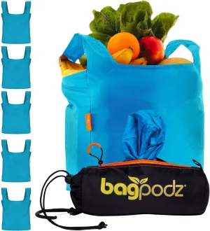 Sturdy Reusable Grocery Bags Foldable and Washable - Made From RipStop Nylon Hold 50lbs - Designed in USA Reusable Shopping Bags Inside a Compact Pod with Carry Clip - 5 Pack in Blue