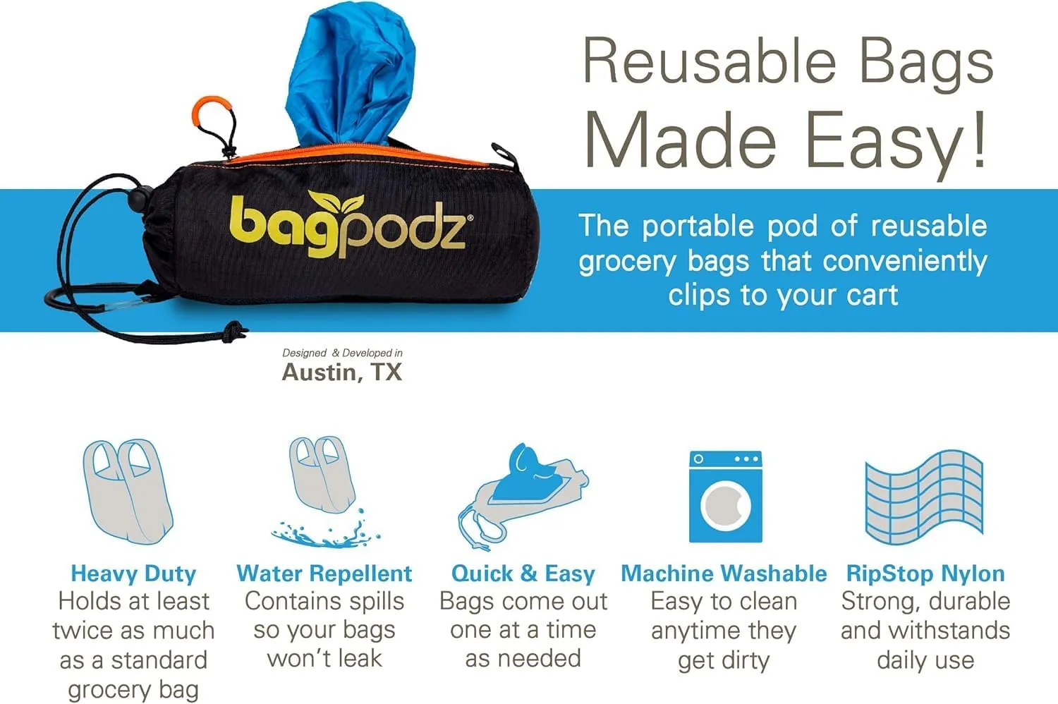 Sturdy Reusable Grocery Bags Foldable and Washable - Made From RipStop Nylon Hold 50lbs - Designed in USA Reusable Shopping Bags Inside a Compact Pod with Carry Clip - 5 Pack in Blue