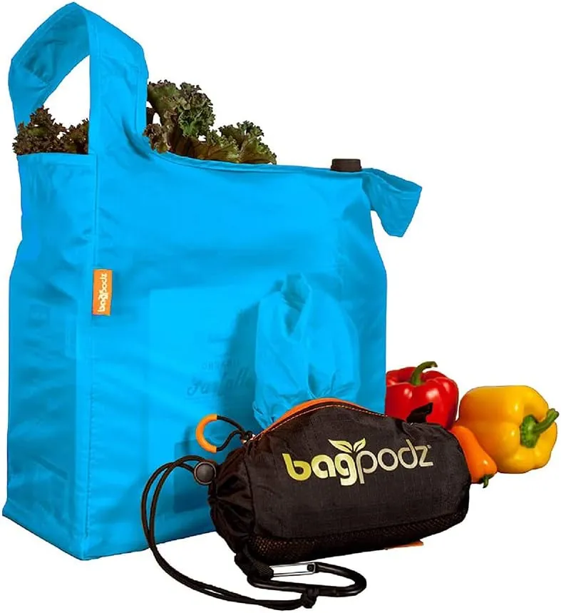 Sturdy Reusable Grocery Bags Foldable and Washable - Made From RipStop Nylon Hold 50lbs - Designed in USA Reusable Shopping Bags Inside a Compact Pod with Carry Clip - 5 Pack in Blue