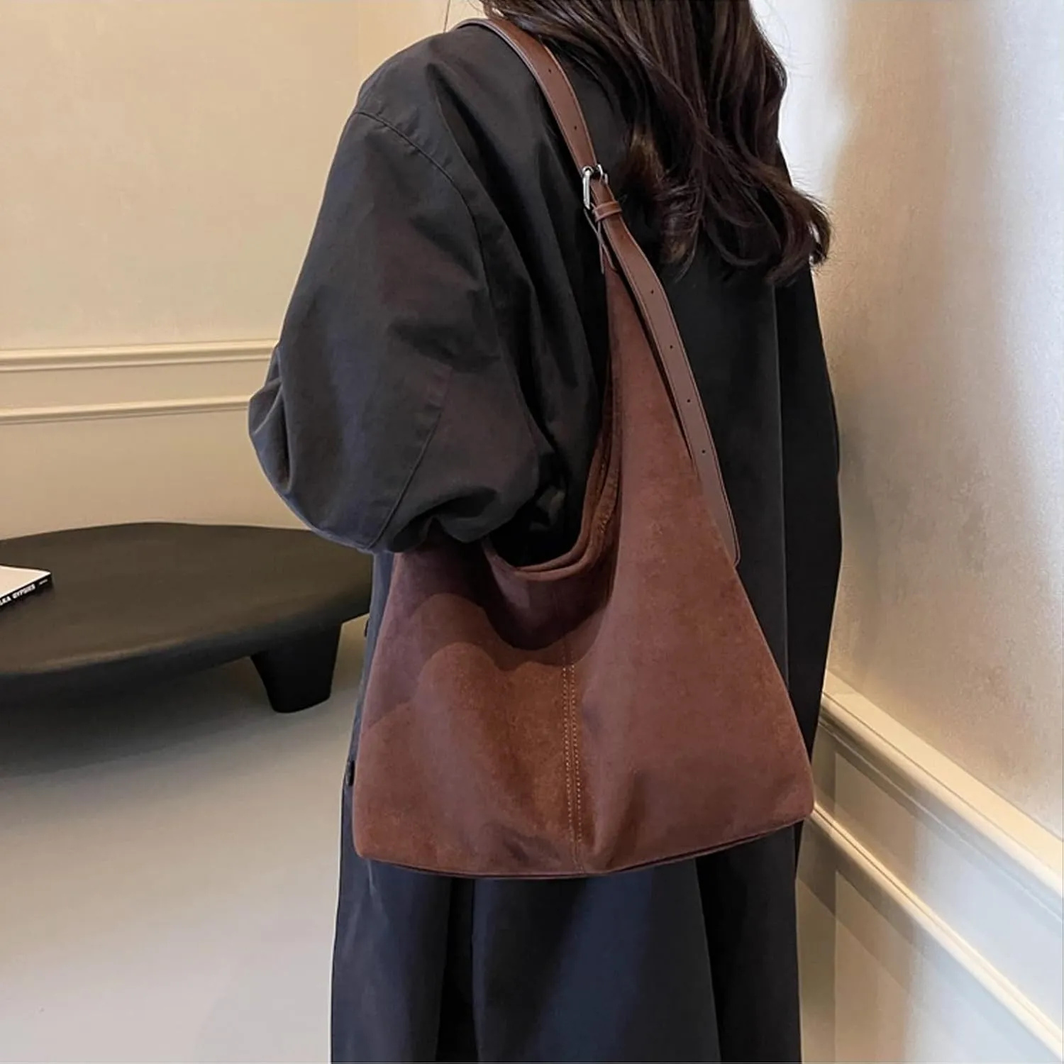 Suede Slouchy Hobo Bag for Women Chocolate Tote Handbag Large Retro Suede Shoulder Purse for Travel Shopping Work
