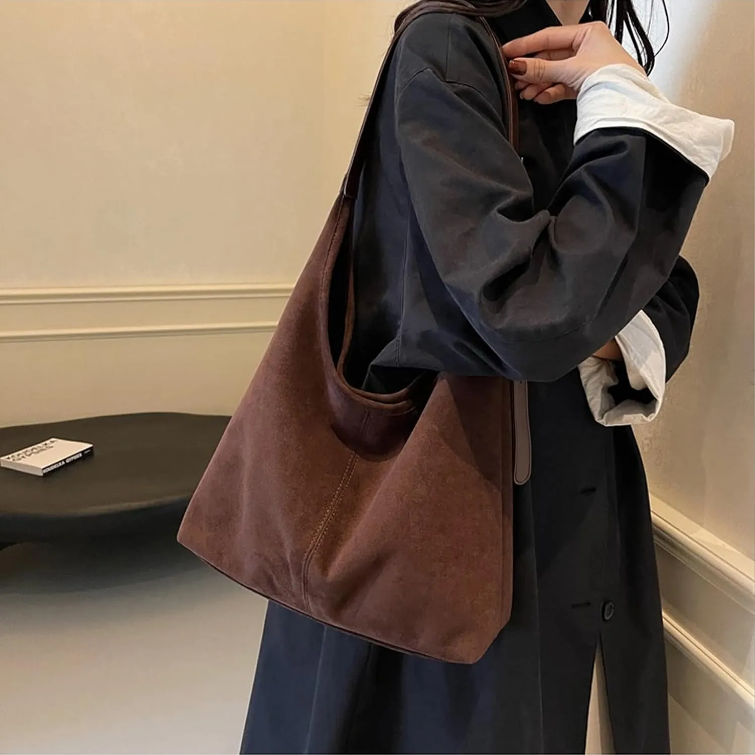Suede Slouchy Hobo Bag for Women Chocolate Tote Handbag Large Retro Suede Shoulder Purse for Travel Shopping Work