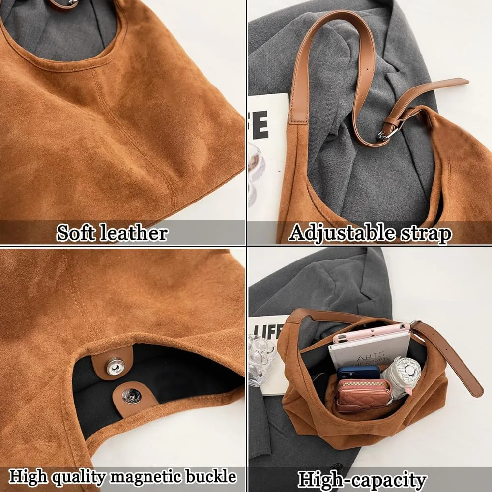 Suede Slouchy Hobo Bag for Women Chocolate Tote Handbag Large Retro Suede Shoulder Purse for Travel Shopping Work