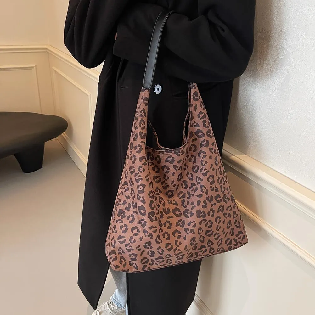 Suede Tote Bag for Women With Leopard Print Slouchy Hobo and Small Purse - Oversize Work Office Tote