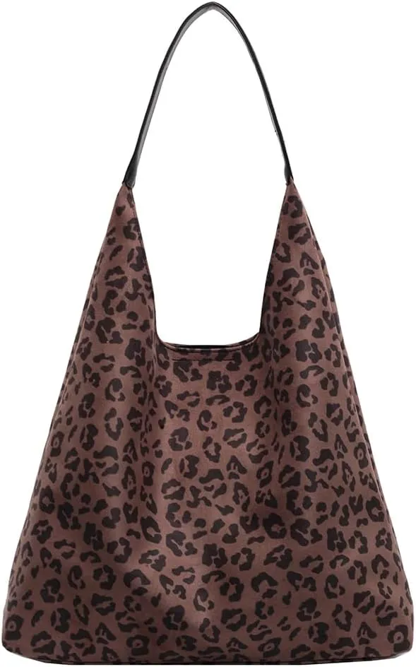 Suede Tote Bag for Women With Leopard Print Slouchy Hobo and Small Purse - Oversize Work Office Tote
