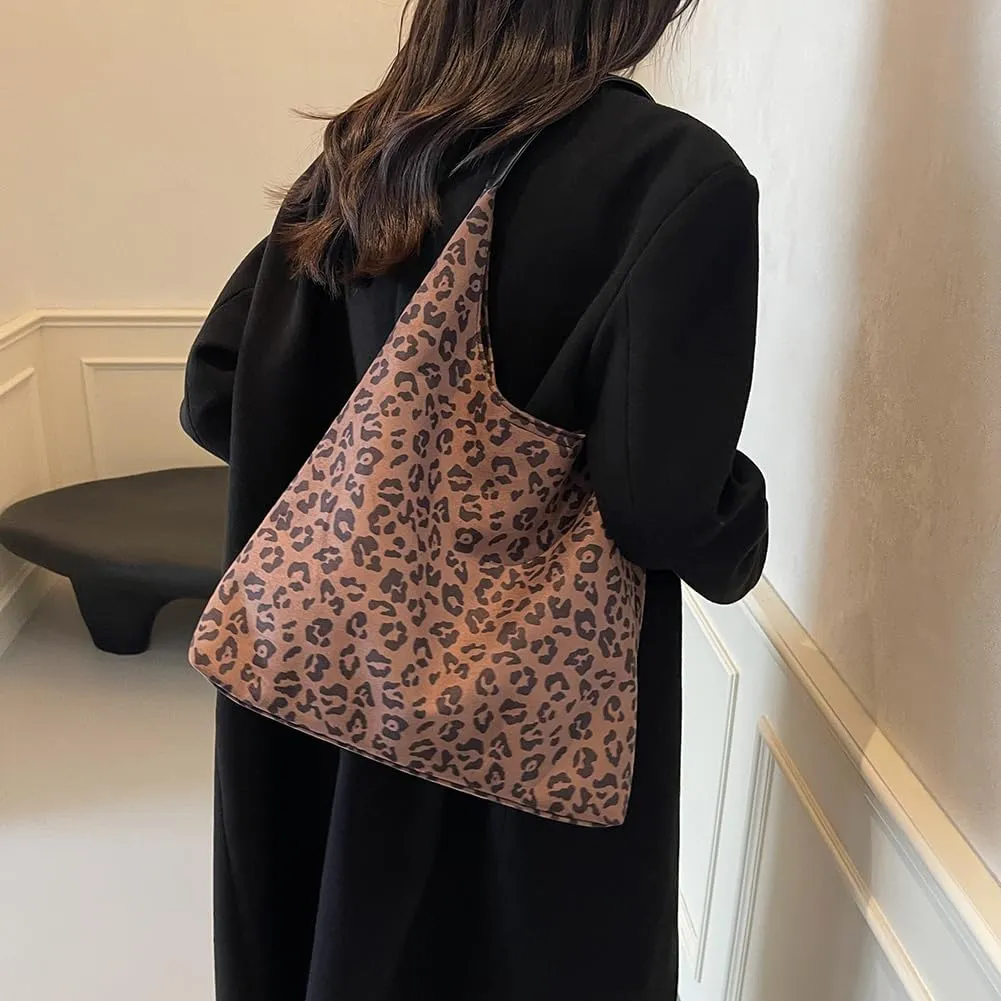 Suede Tote Bag for Women With Leopard Print Slouchy Hobo and Small Purse - Oversize Work Office Tote
