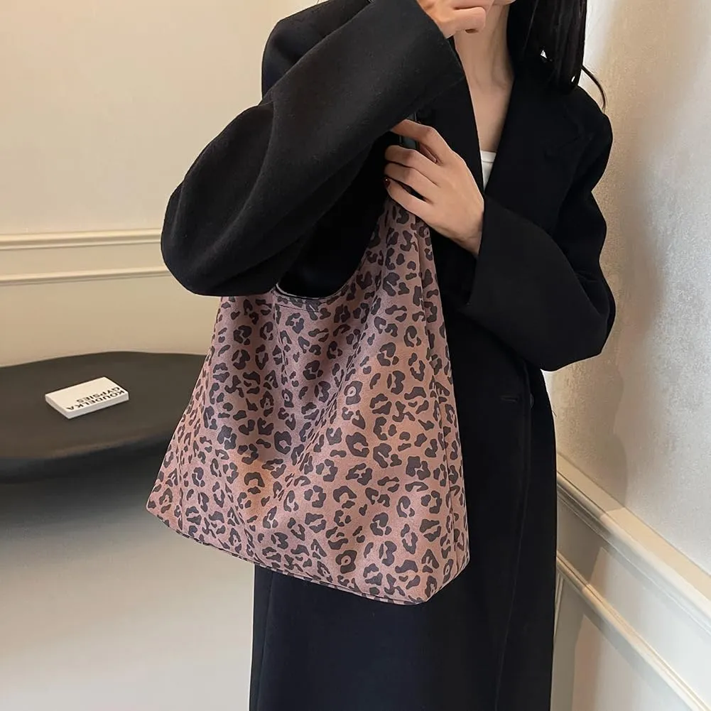 Suede Tote Bag for Women With Leopard Print Slouchy Hobo and Small Purse - Oversize Work Office Tote