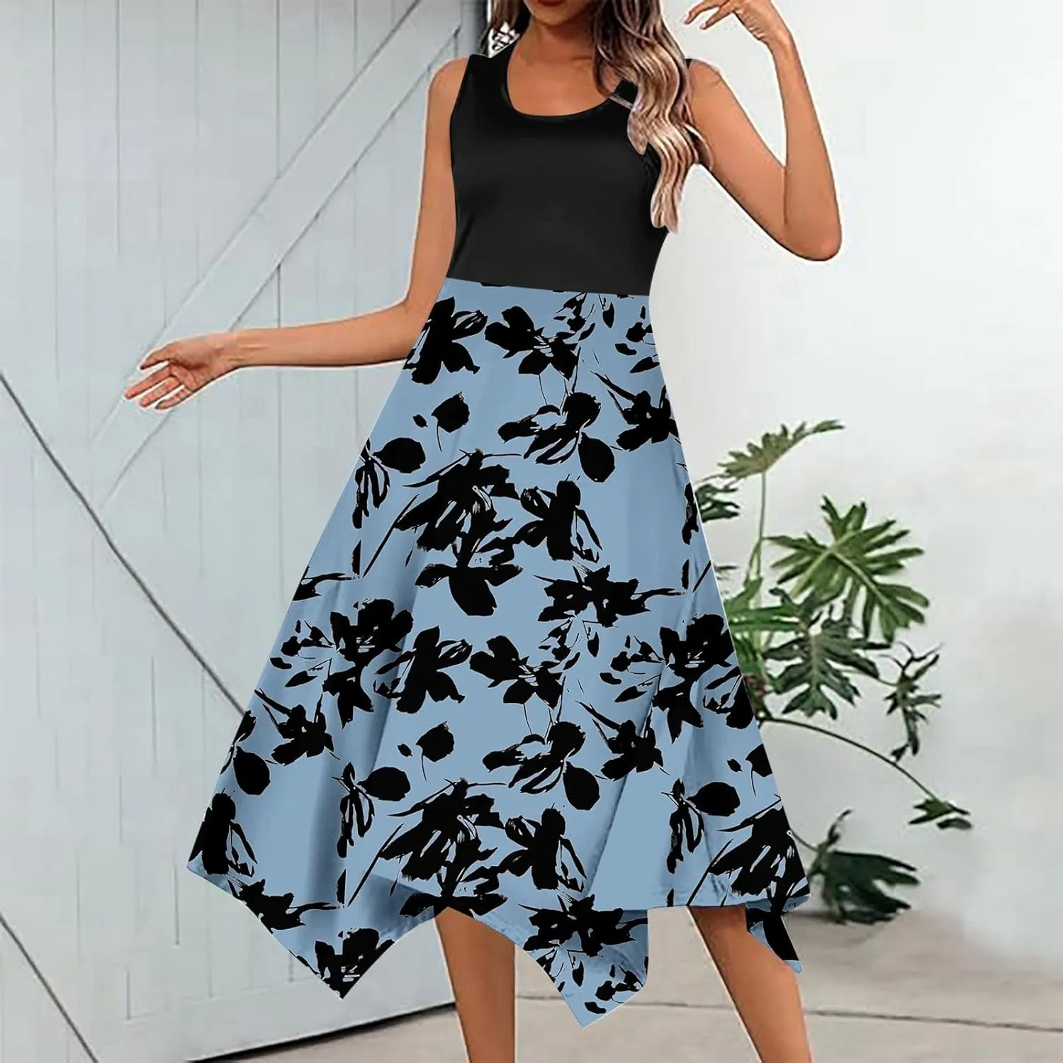 Summer Dresses for Women Sleeveless 2025 Patchwork Boho Dress Floral Flowy U Neck Tank A Line Vacation Midi Sundress