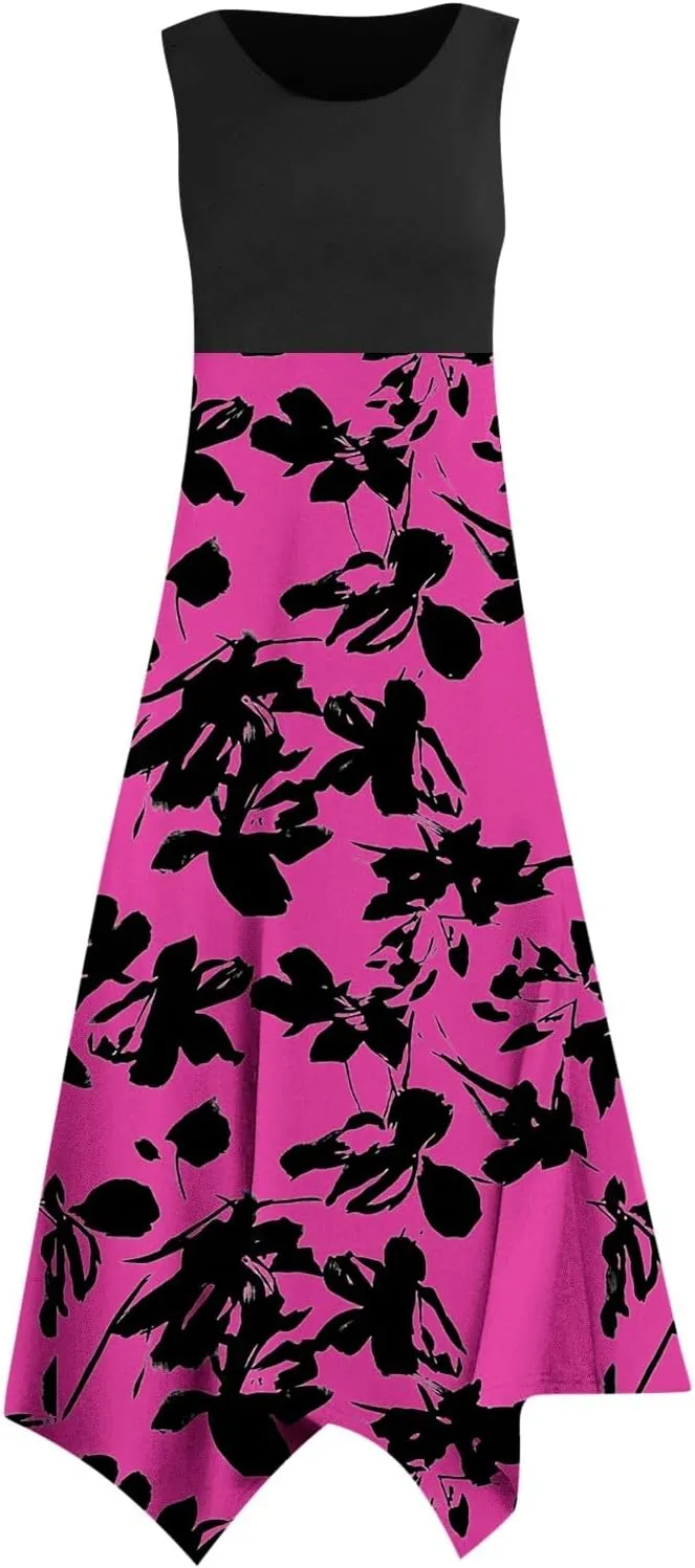 Summer Dresses for Women Sleeveless 2025 Patchwork Boho Dress Floral Flowy U Neck Tank A Line Vacation Midi Sundress