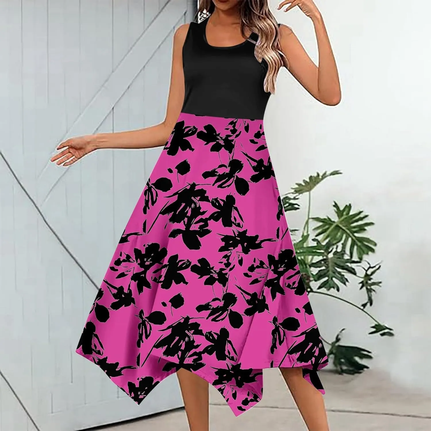 Summer Dresses for Women Sleeveless 2025 Patchwork Boho Dress Floral Flowy U Neck Tank A Line Vacation Midi Sundress
