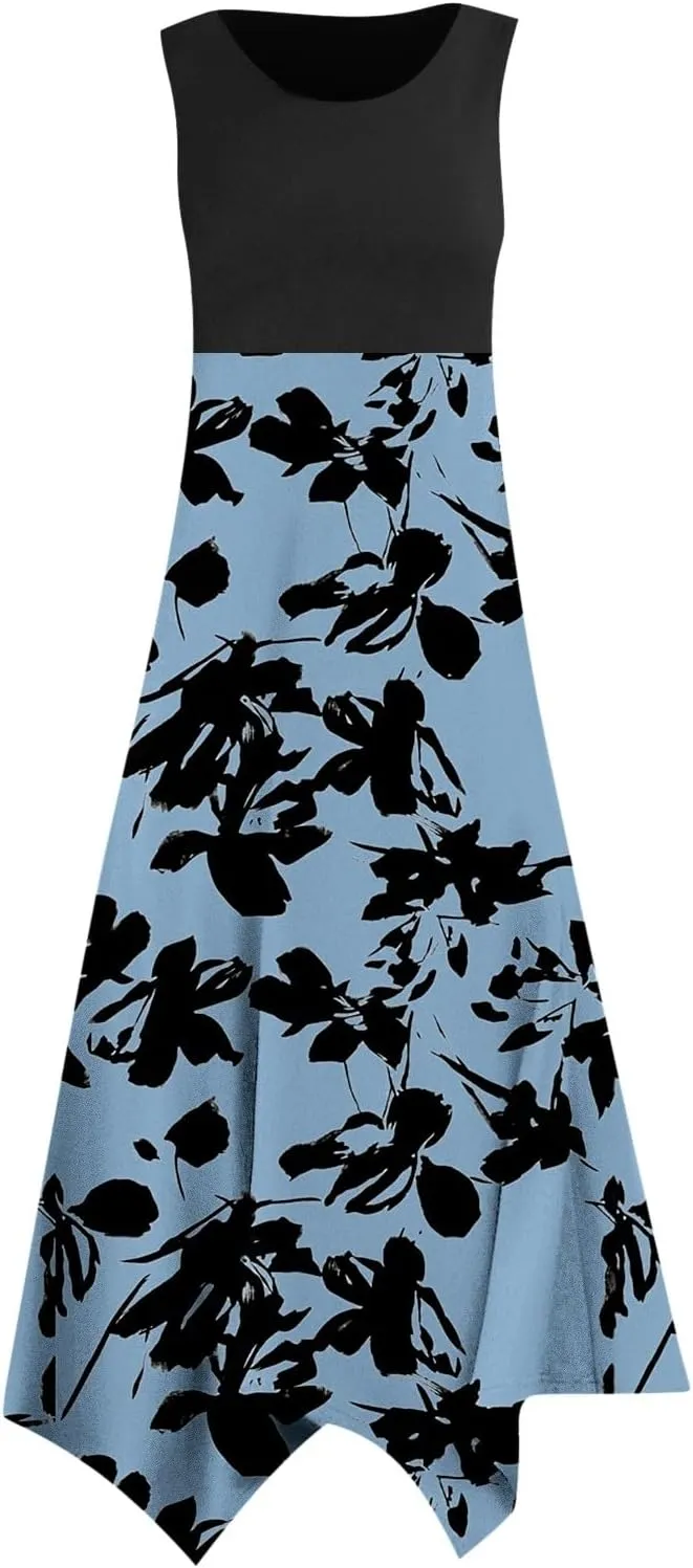 Summer Dresses for Women Sleeveless 2025 Patchwork Boho Dress Floral Flowy U Neck Tank A Line Vacation Midi Sundress