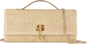 Summer Straw Woven Satchel Style Handbag Women Top Handle Square Tote Chain Cross Body Shoulder Evening Clutch Beach Purse