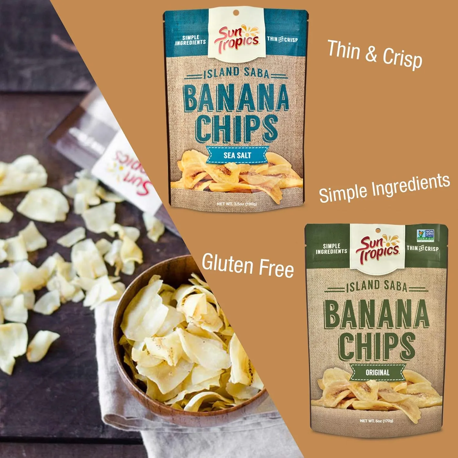 Sun Tropics Island Saba Banana Chips, Original, 4 oz (6 Pack), Vegan, Gluten Free, Non GMO, Made with Coconut Oil, Crispy Fruit Snacks
