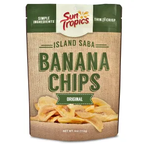 Sun Tropics Island Saba Banana Chips, Original, 4 oz (6 Pack), Vegan, Gluten Free, Non GMO, Made with Coconut Oil, Crispy Fruit Snacks