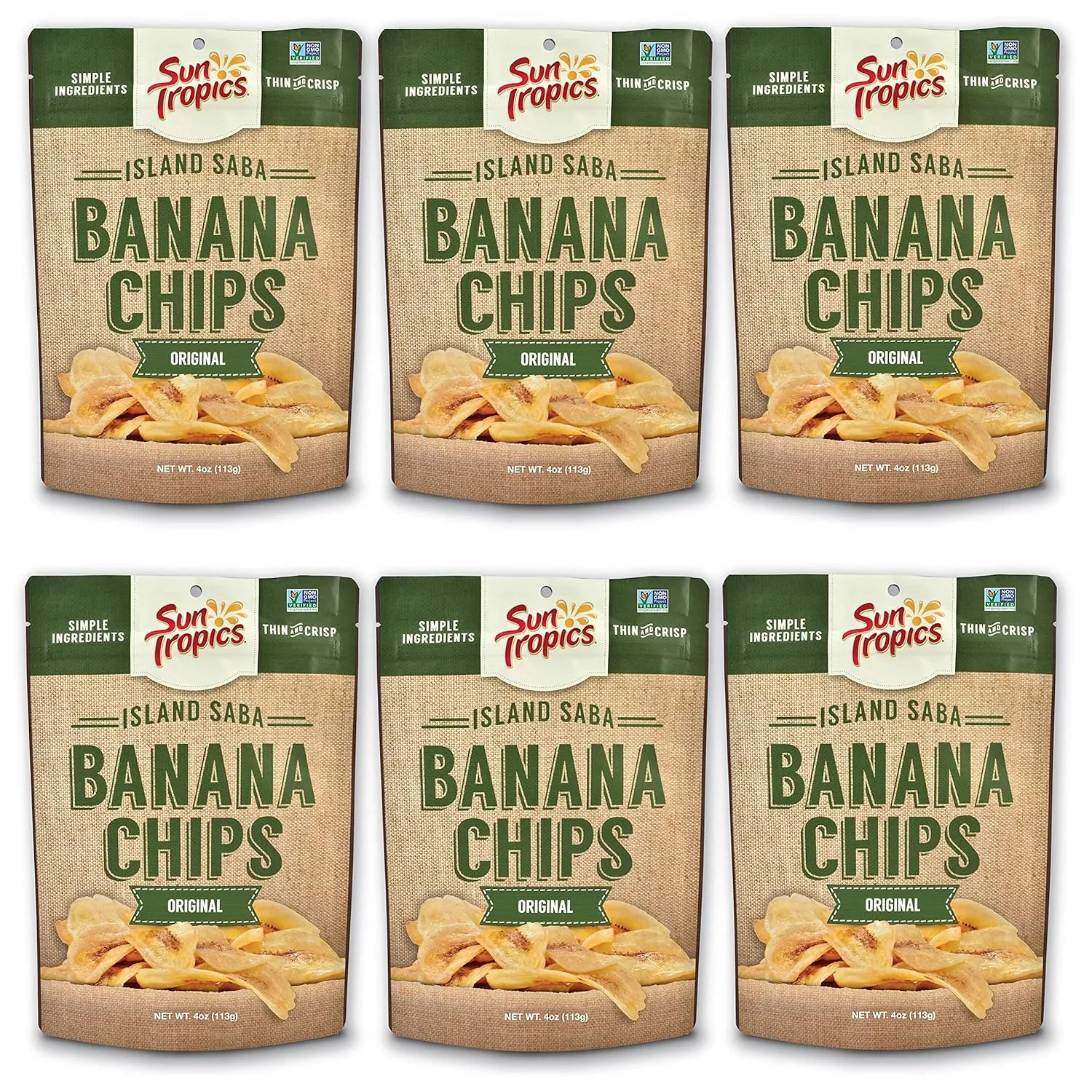 Sun Tropics Island Saba Banana Chips, Original, 4 oz (6 Pack), Vegan, Gluten Free, Non GMO, Made with Coconut Oil, Crispy Fruit Snacks