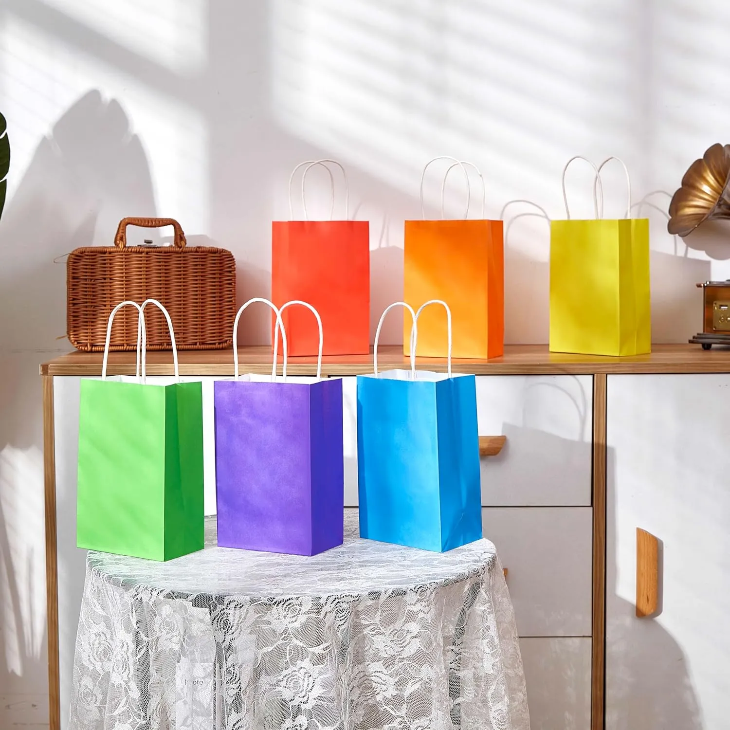 SUNCOLOR 24 Pieces 8" Rainbow Goodie Bags Small Gift Bags with Handle for Party Favor Bags (Rainbow)