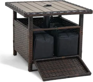 Sundale Outdoor Umbrella Stand with 2 Weight Bags, Patio 22 in Wicker Side Table with Umbrella Hole, All Weather Small Rattan Umbrella Base for Deck Yard Poolside Porch, Brown