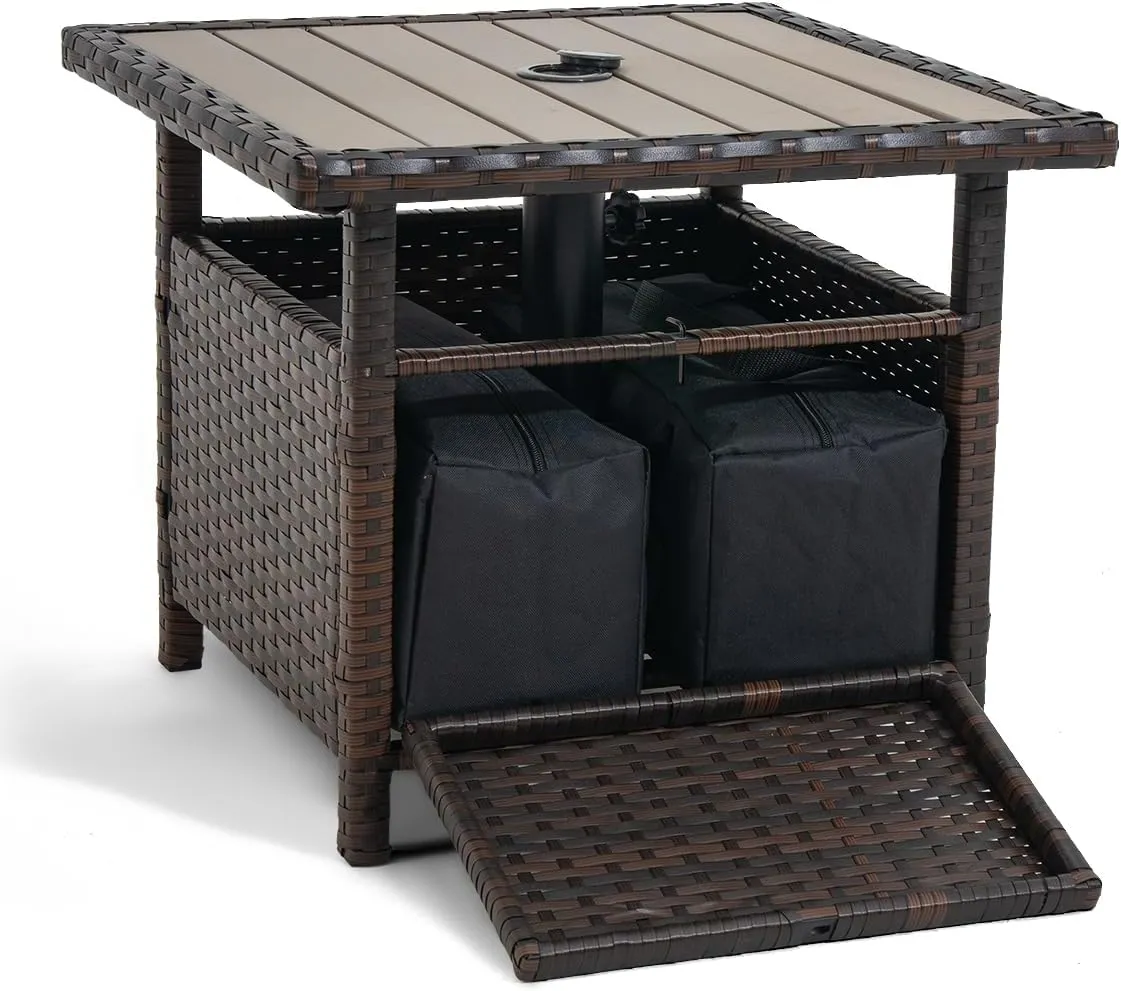 Sundale Outdoor Umbrella Stand with 2 Weight Bags, Patio 22 in Wicker Side Table with Umbrella Hole, All Weather Small Rattan Umbrella Base for Deck Yard Poolside Porch, Brown