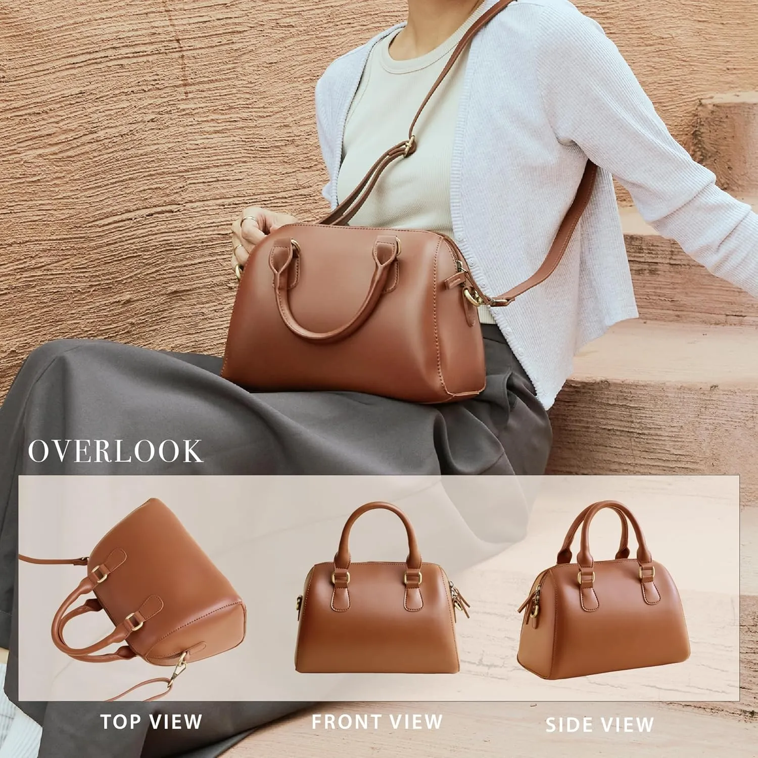 SUNLIGHT LEAVES Vegan Leather Boston Bag For Women Vintage Top Handle Satchel Retro Purse Classic Simple Shoulder Handbag