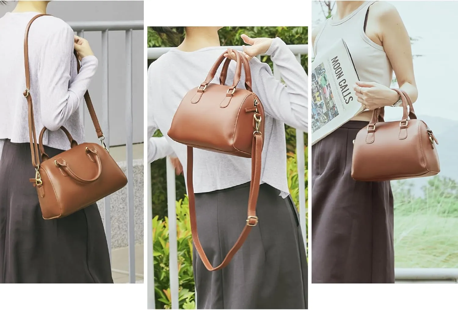SUNLIGHT LEAVES Vegan Leather Boston Bag For Women Vintage Top Handle Satchel Retro Purse Classic Simple Shoulder Handbag