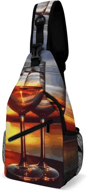 Sunset Wine Glass Crossbody Sling Bag for Women Men Sling Backpack Travel Chest Bag Pack Man Purse Shoulder Bags Daypack for Travel Hiking Cycling