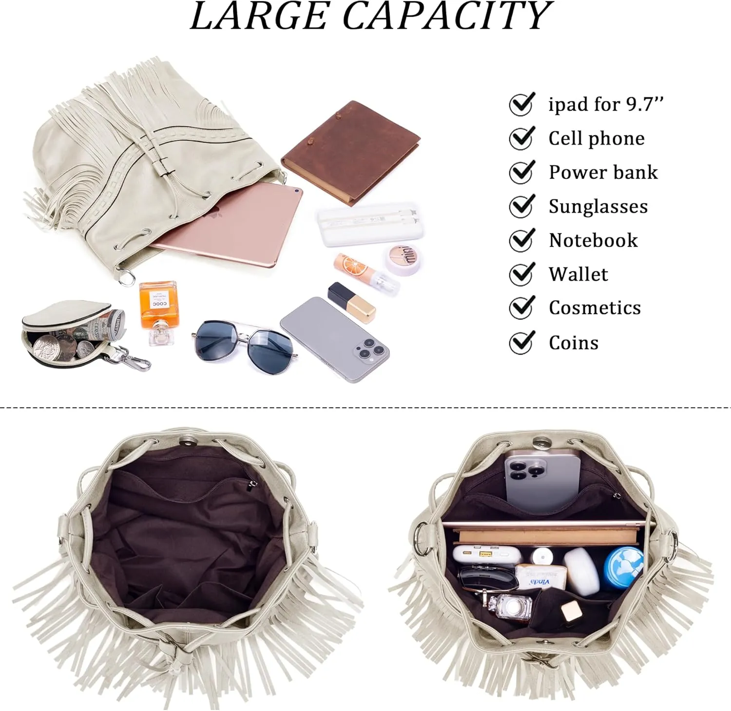 Sunwel Fashion Women Bucket Fringe Hobo Bag Western Purse Vegan Leather Tassel Hippie Shoulder Crossbody Bag