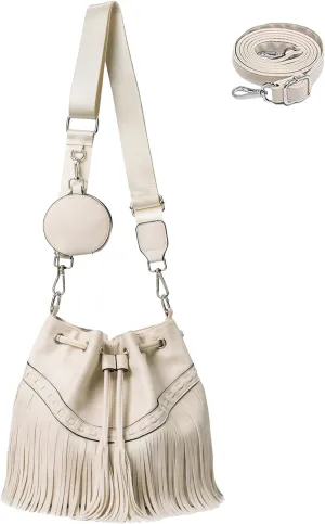 Sunwel Fashion Women Bucket Fringe Hobo Bag Western Purse Vegan Leather Tassel Hippie Shoulder Crossbody Bag
