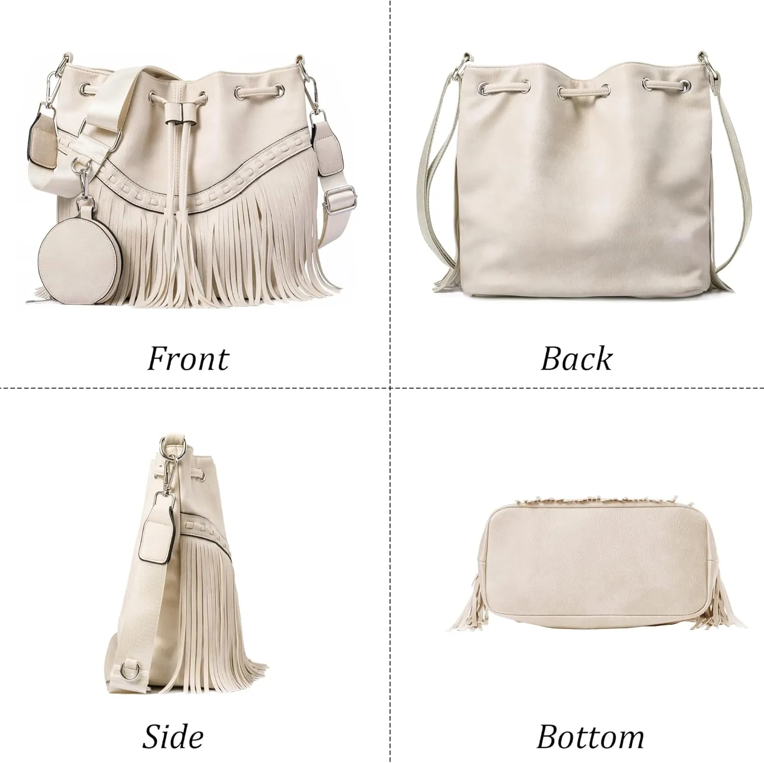 Sunwel Fashion Women Bucket Fringe Hobo Bag Western Purse Vegan Leather Tassel Hippie Shoulder Crossbody Bag
