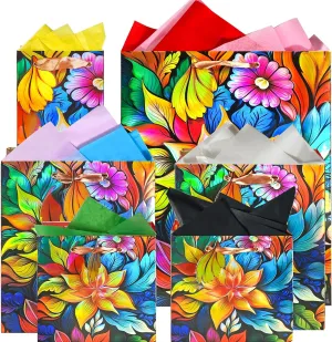 suosicn 6 Pack Colorful Flower Gift Bags,Assorted Paper Gift Bags with Handles for Party Favor,Birthday Party,Wedding Anniversary, Celebrations and All Occasions