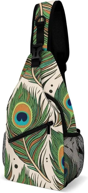 Supdreamc Men & Women Sling Shoulder Backpack Chic Animal Beautiful Peacock Feather Green Art Outdoor Sport Daypack Travel Bag - Multipurpose Anti-Theft Tote Bags, Durable Crossbody Shoulder Bag