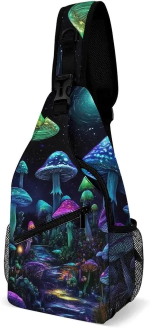 Supdreamc Men Women Sling Shoulder Backpack Foldable Unbalance Shoulder Chest Crossbody Bag - Trippy Mushroom Magical World Glowing Art Anti-Theft Multipurpose Rucksack Bookbag Backpack