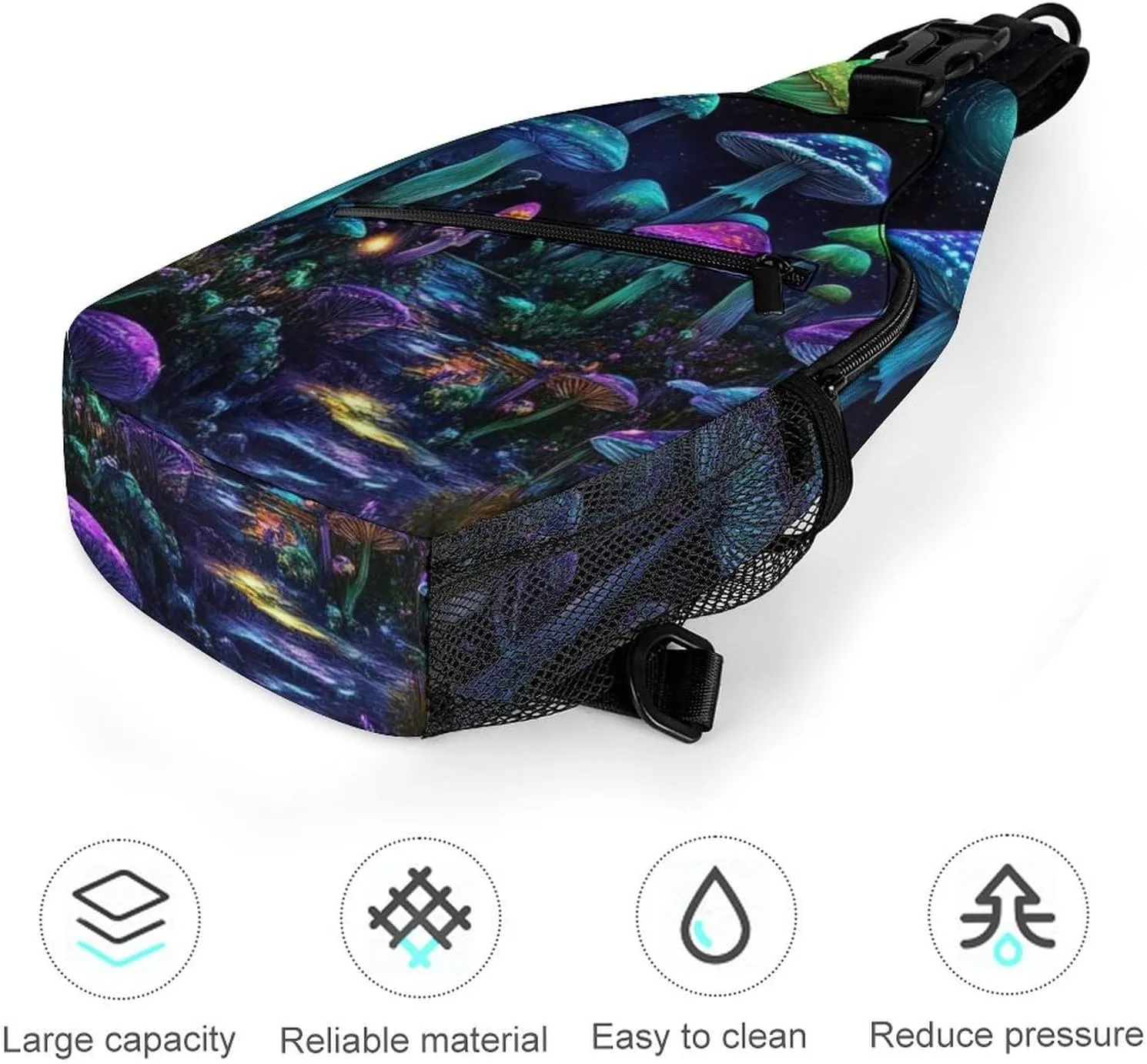 Supdreamc Men Women Sling Shoulder Backpack Foldable Unbalance Shoulder Chest Crossbody Bag - Trippy Mushroom Magical World Glowing Art Anti-Theft Multipurpose Rucksack Bookbag Backpack