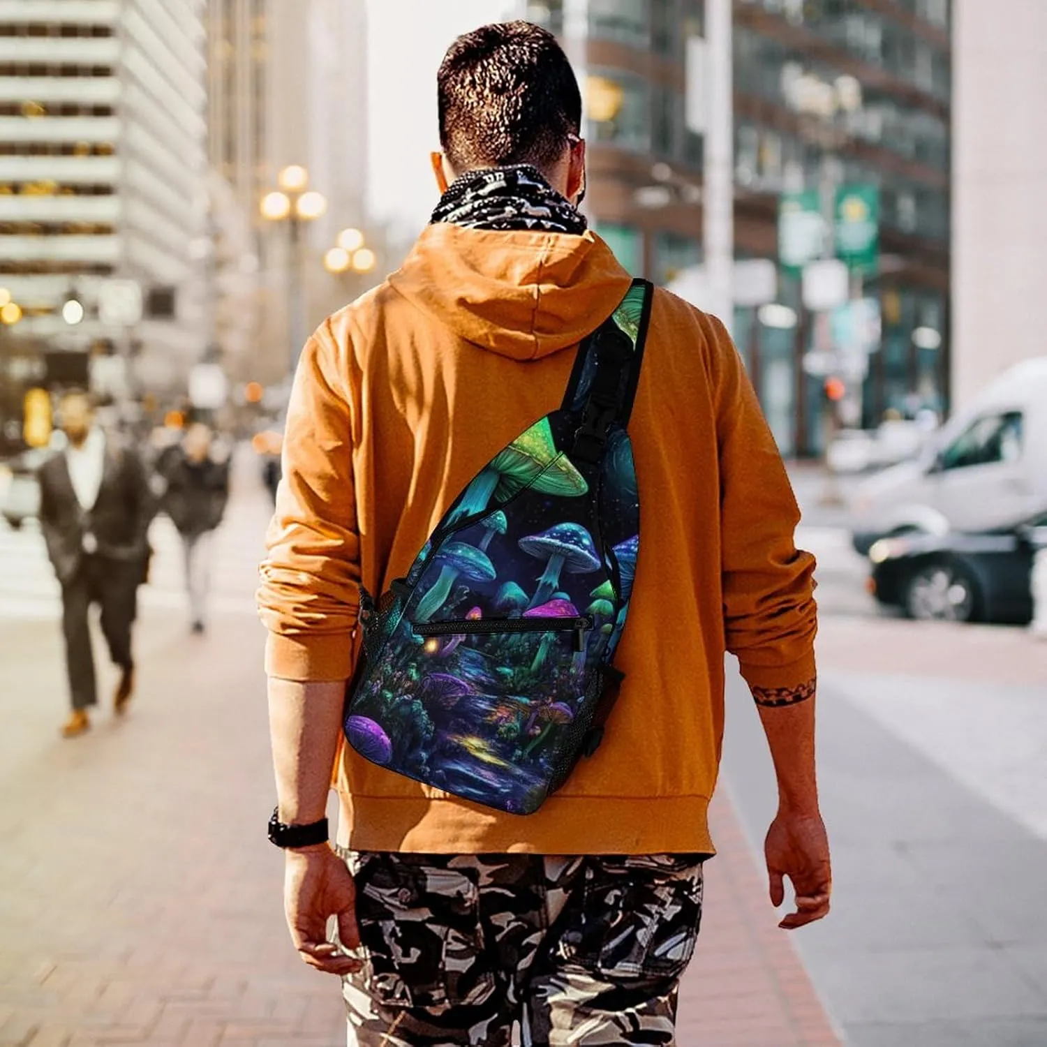 Supdreamc Men Women Sling Shoulder Backpack Foldable Unbalance Shoulder Chest Crossbody Bag - Trippy Mushroom Magical World Glowing Art Anti-Theft Multipurpose Rucksack Bookbag Backpack