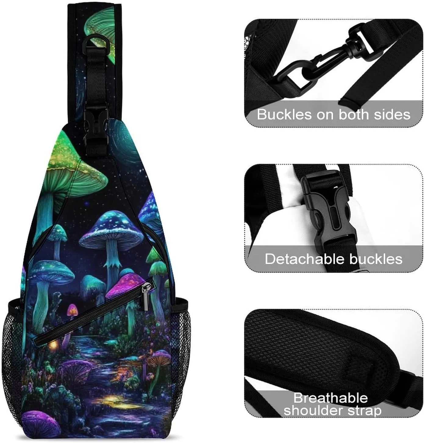 Supdreamc Men Women Sling Shoulder Backpack Foldable Unbalance Shoulder Chest Crossbody Bag - Trippy Mushroom Magical World Glowing Art Anti-Theft Multipurpose Rucksack Bookbag Backpack