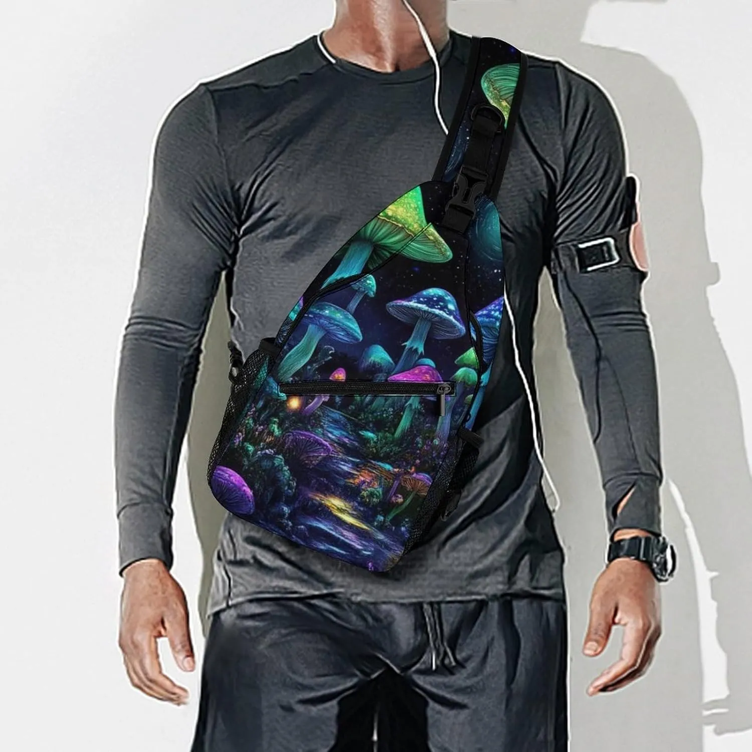 Supdreamc Men Women Sling Shoulder Backpack Foldable Unbalance Shoulder Chest Crossbody Bag - Trippy Mushroom Magical World Glowing Art Anti-Theft Multipurpose Rucksack Bookbag Backpack