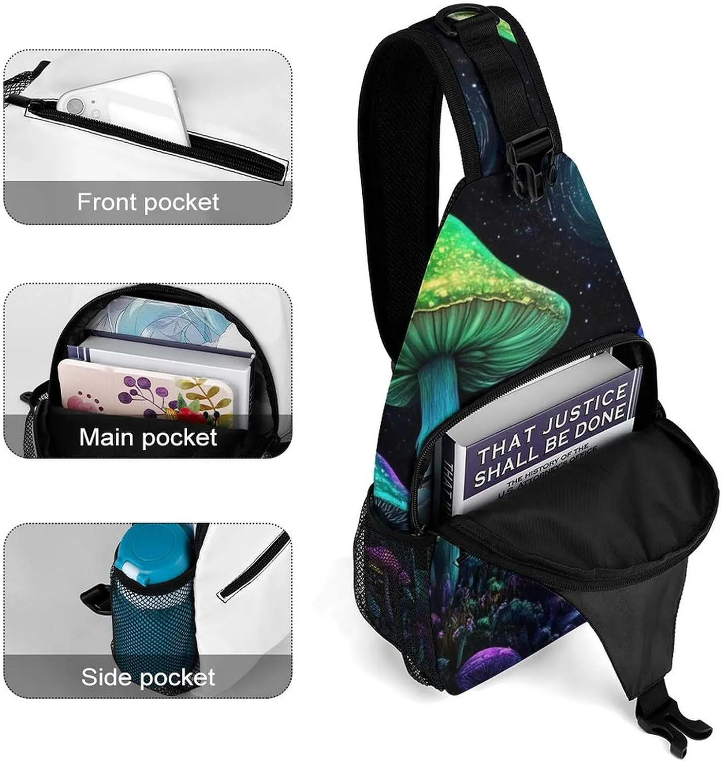 Supdreamc Men Women Sling Shoulder Backpack Foldable Unbalance Shoulder Chest Crossbody Bag - Trippy Mushroom Magical World Glowing Art Anti-Theft Multipurpose Rucksack Bookbag Backpack