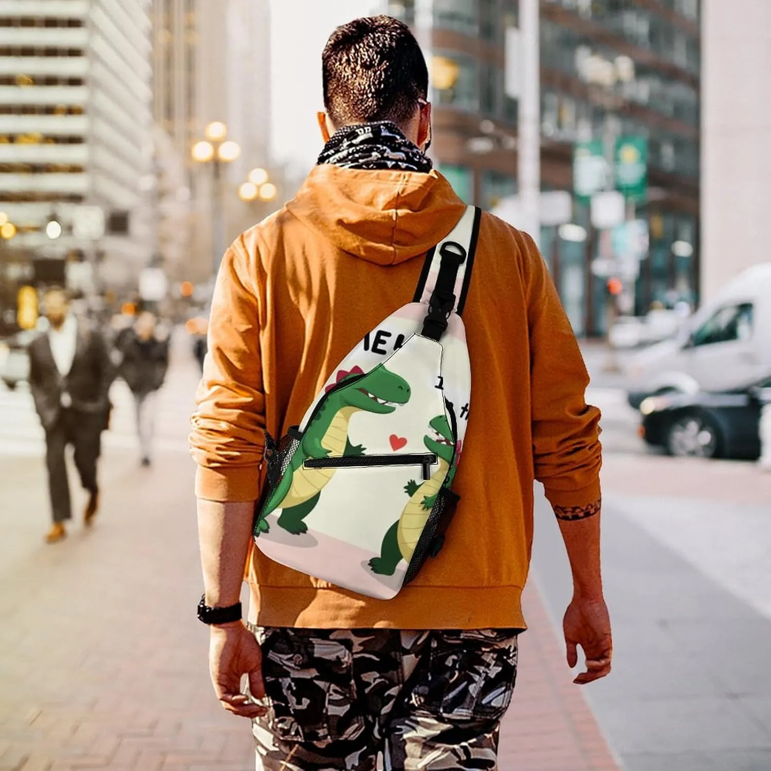 Supdreamc Ultra Lightweight Sling Backpack Crossbody Chest Rucksack Anti-Theft Multipurpose Bag for Hiking Cycling Walking Dog Bicycle Travel, Cute Dinosaurs Hug Me, I'M Trying