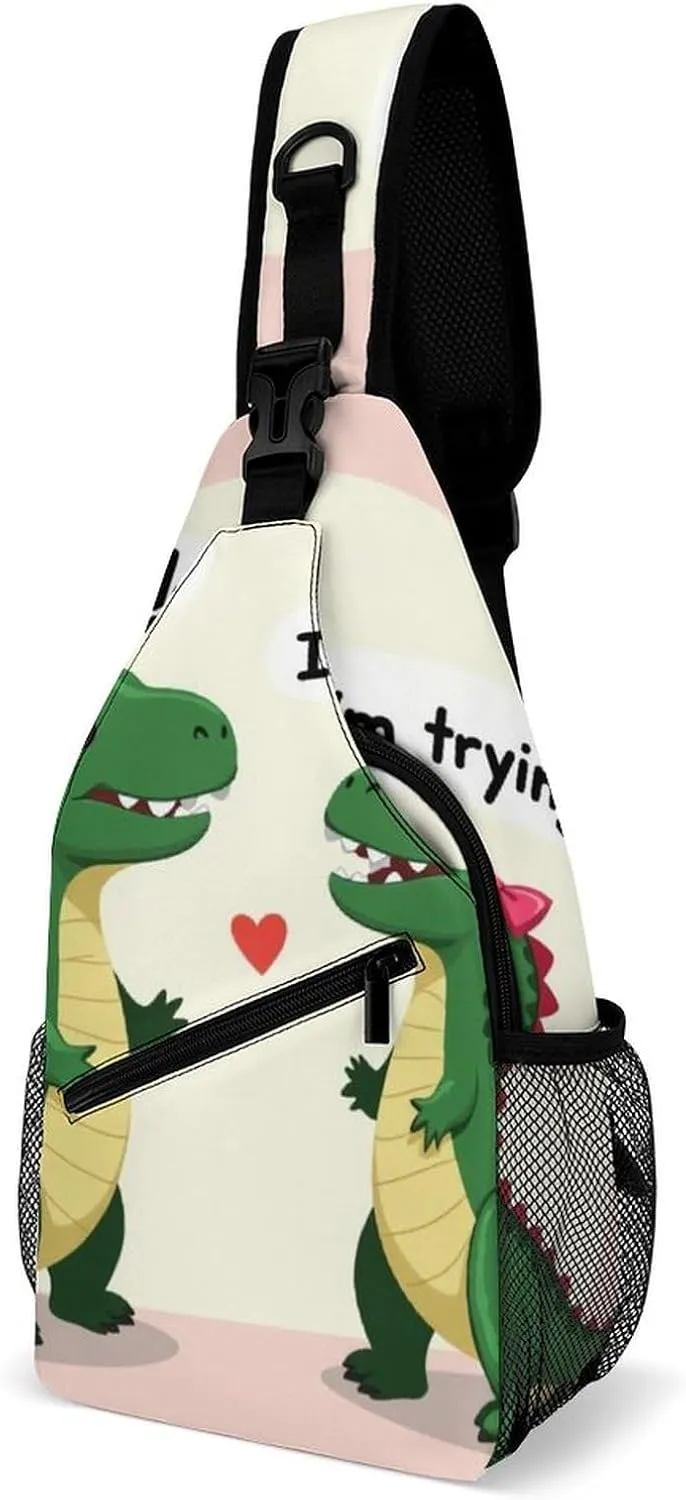 Supdreamc Ultra Lightweight Sling Backpack Crossbody Chest Rucksack Anti-Theft Multipurpose Bag for Hiking Cycling Walking Dog Bicycle Travel, Cute Dinosaurs Hug Me, I'M Trying