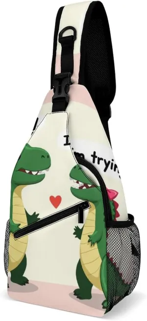 Supdreamc Ultra Lightweight Sling Backpack Crossbody Chest Rucksack Anti-Theft Multipurpose Bag for Hiking Cycling Walking Dog Bicycle Travel, Cute Dinosaurs Hug Me, I'M Trying