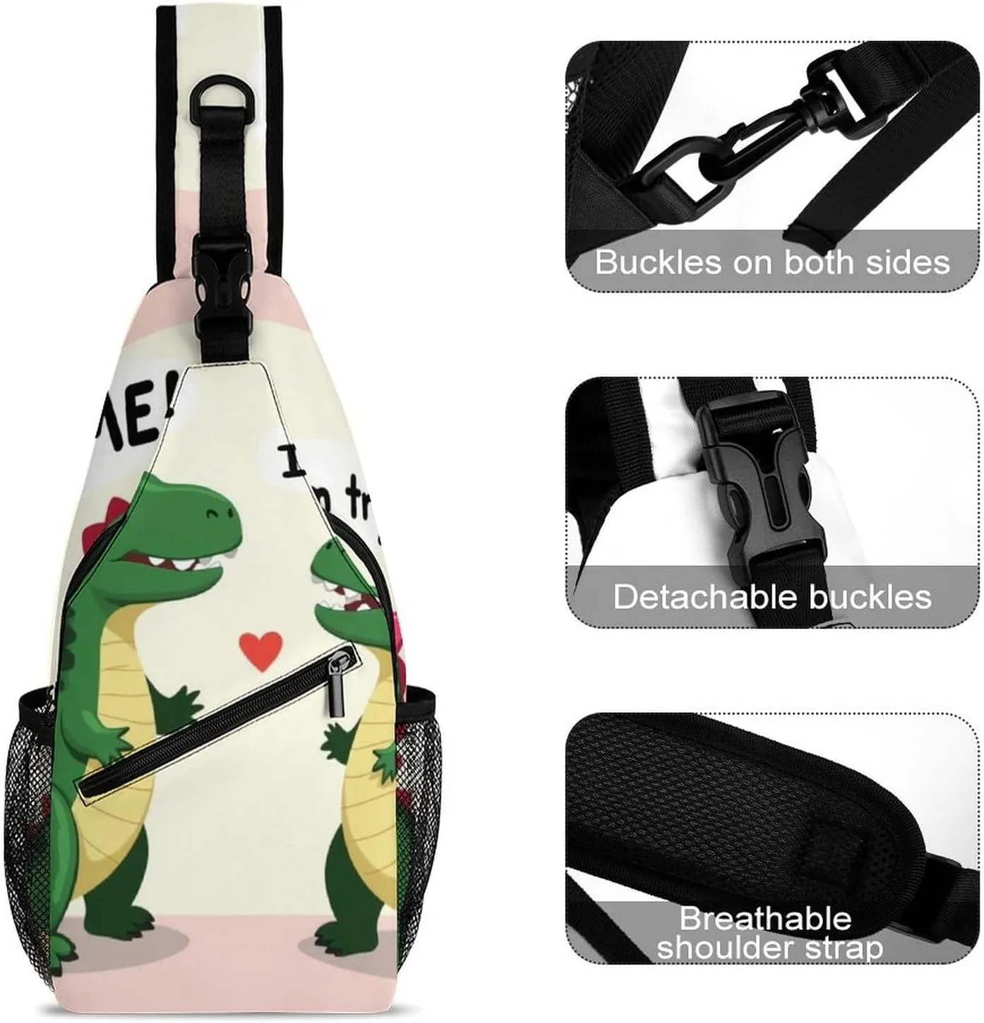 Supdreamc Ultra Lightweight Sling Backpack Crossbody Chest Rucksack Anti-Theft Multipurpose Bag for Hiking Cycling Walking Dog Bicycle Travel, Cute Dinosaurs Hug Me, I'M Trying