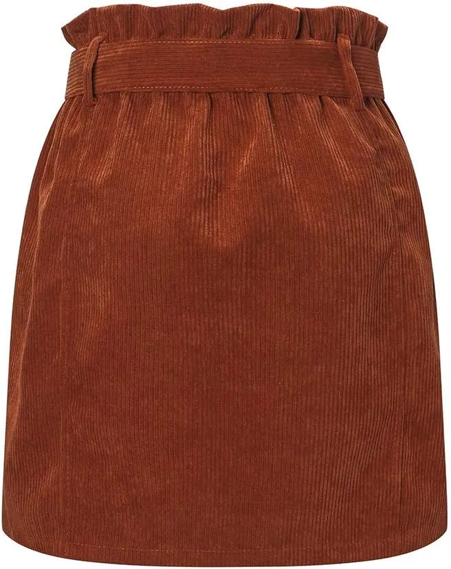 Susupeng Women Paperbag High Waist Elastic Belted Corduroy Button Front with Pockets Short Mini Skirt