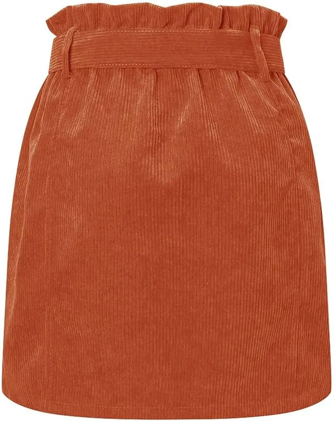 Susupeng Women Paperbag High Waist Elastic Belted Corduroy Button Front with Pockets Short Mini Skirt