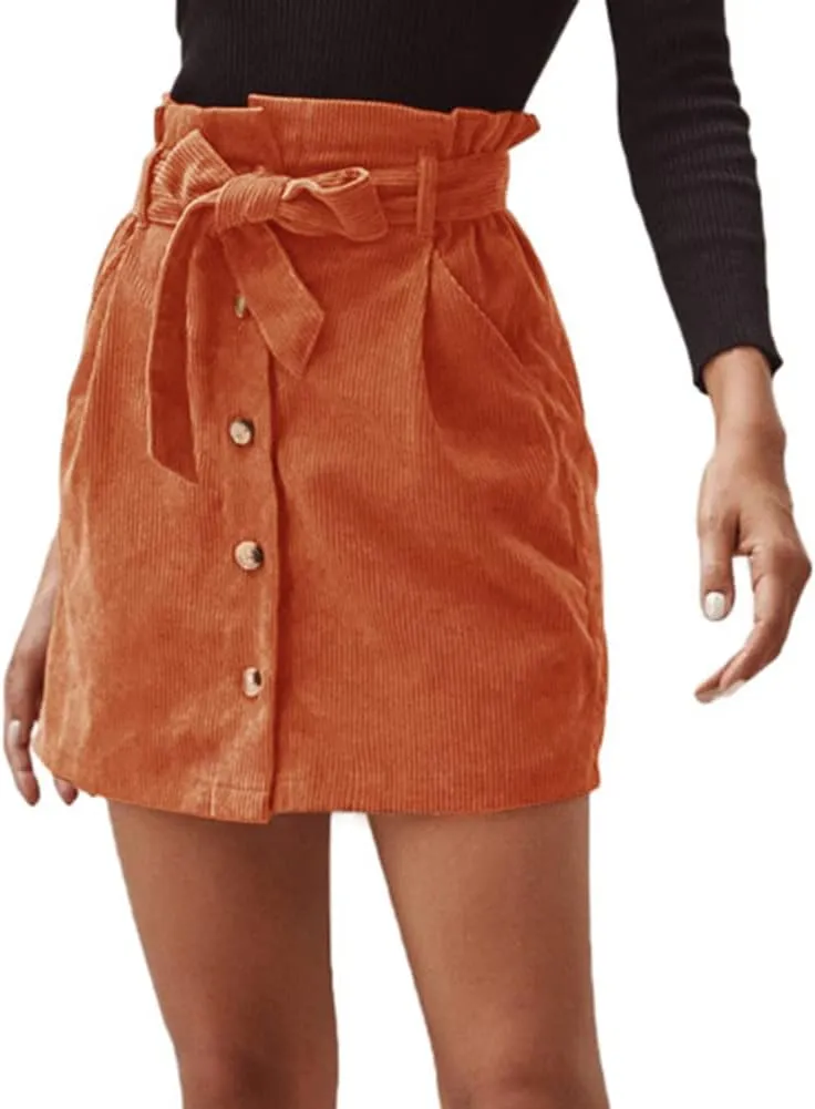 Susupeng Women Paperbag High Waist Elastic Belted Corduroy Button Front with Pockets Short Mini Skirt