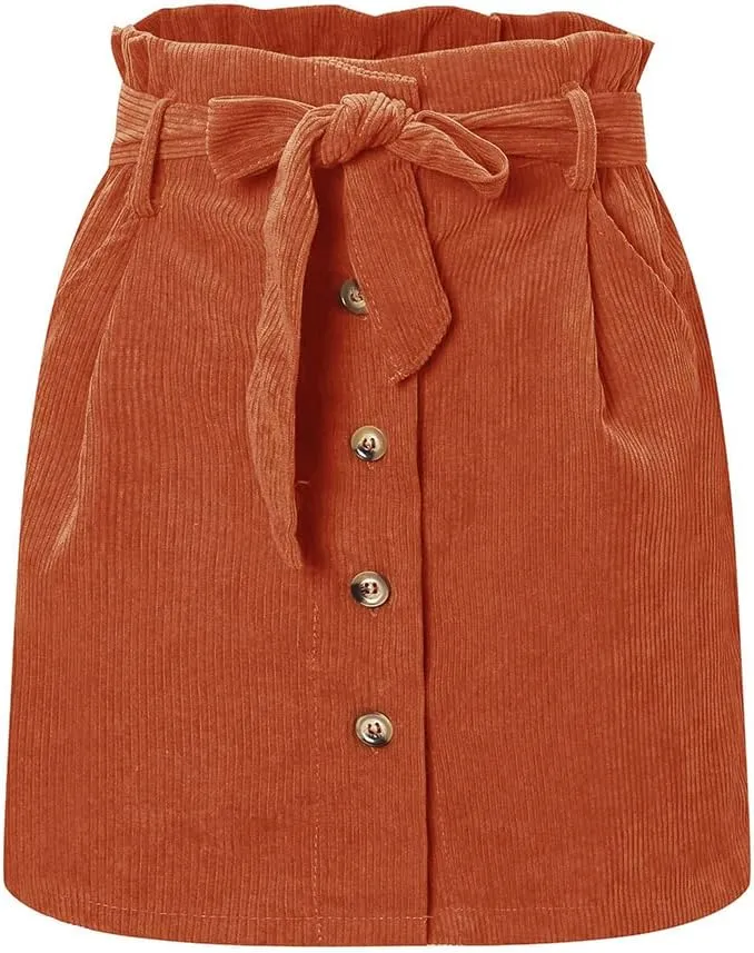 Susupeng Women Paperbag High Waist Elastic Belted Corduroy Button Front with Pockets Short Mini Skirt