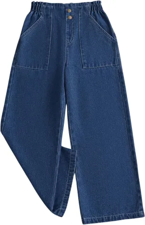 SweatyRocks Girl's Casual Elastic High Waist Wide Leg Jeans Button Front Pockets Denim Pants