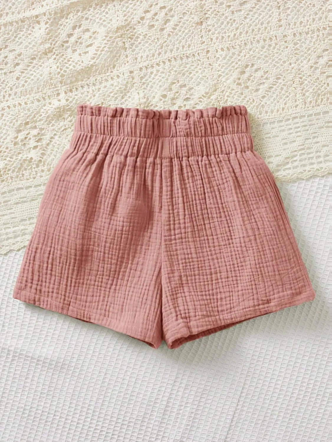 SweatyRocks Girl's Elastic Waist Solid Ruched Shorts Paperbag Waist Button Front Shorts
