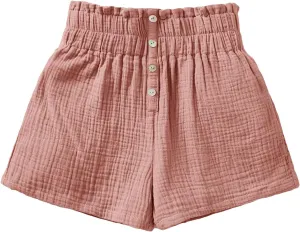 SweatyRocks Girl's Elastic Waist Solid Ruched Shorts Paperbag Waist Button Front Shorts