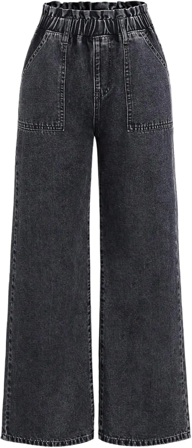 SweatyRocks Girl's Wide Leg Denim Pants Elastic High Waisted Loose Jeans with Pocket